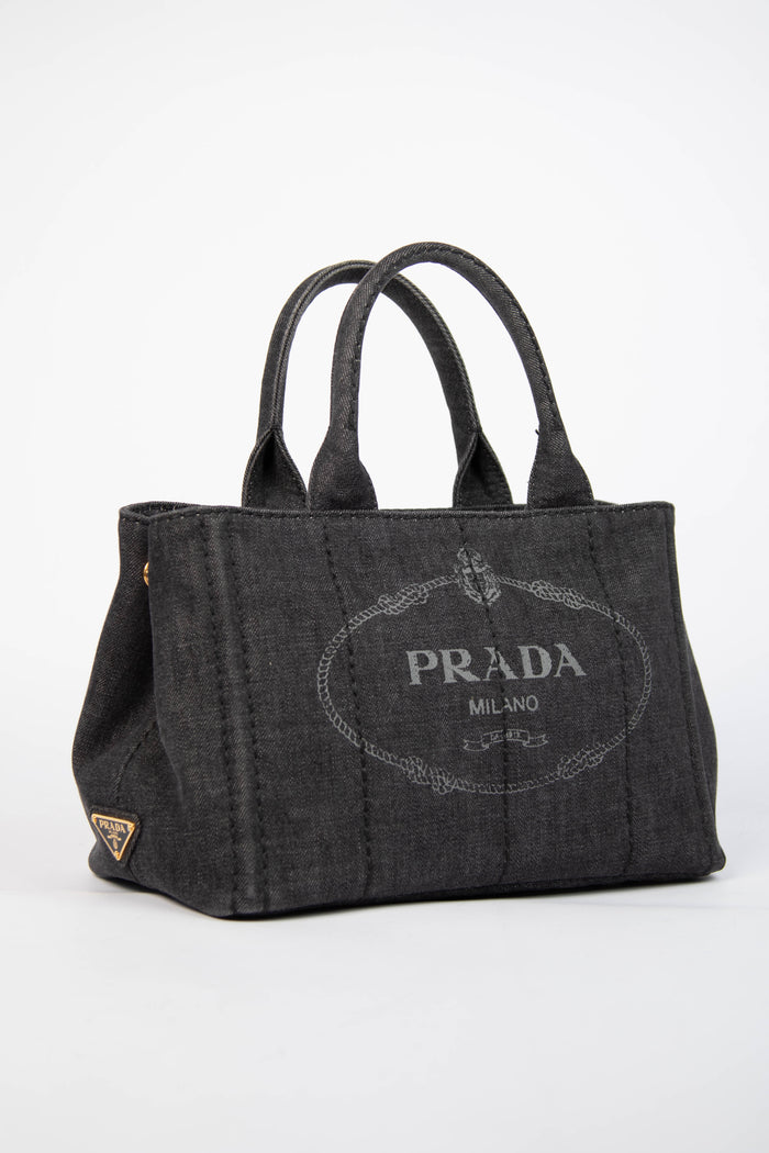 Vintage Prada Black Denim Canapa Tote Bag