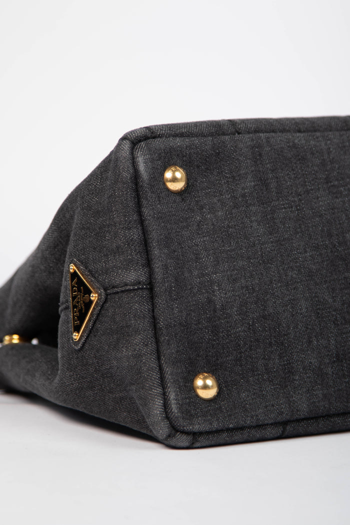 Vintage Prada Black Denim Canapa Tote Bag