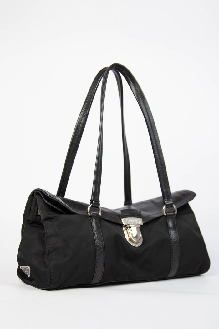 Vintage Prada Black Nylon and Leather Easy Shoulder Bag