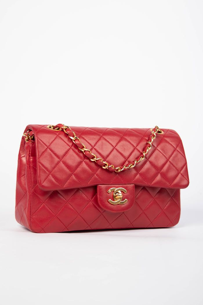 80s Chanel Red Lambskin Small Double Flap Bag with 24K GHW