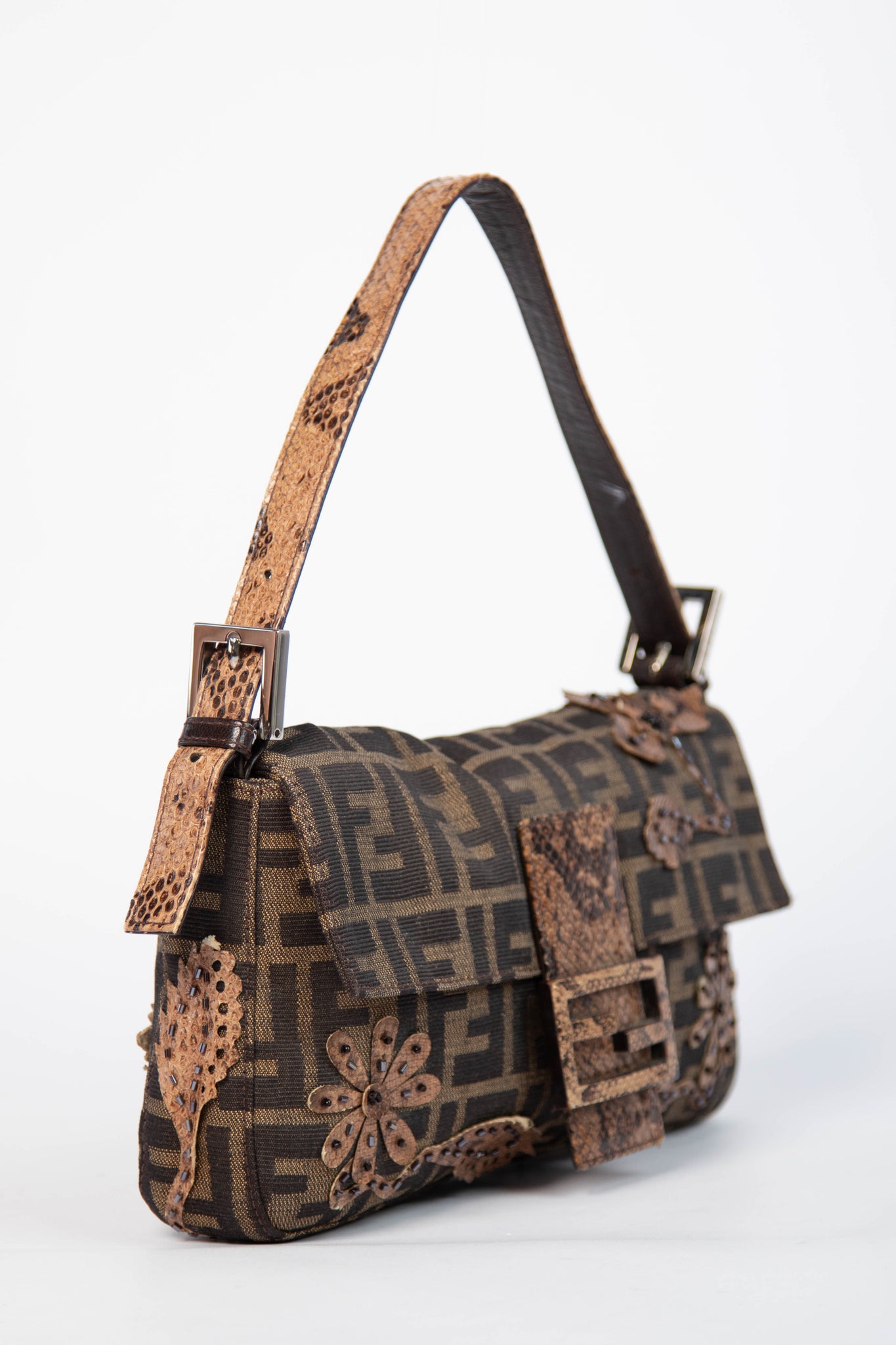 RARE Vintage Fendi Zucca Beaded Snakeskin Baguette Shoulder Bag