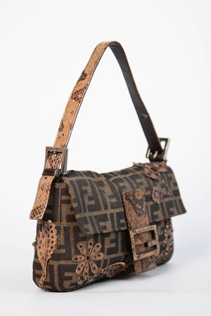 RARE Vintage Fendi Zucca Beaded Snakeskin Baguette Shoulder Bag