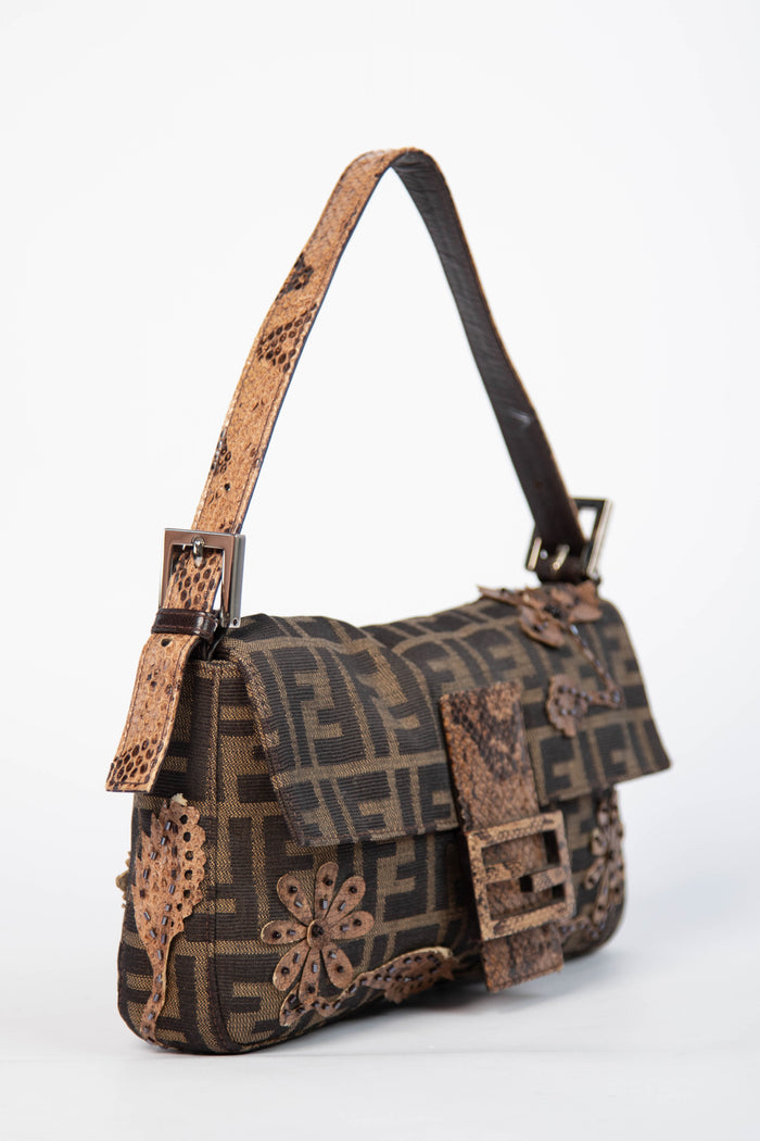RARE Vintage Fendi Zucca Beaded Snakeskin Baguette Shoulder Bag