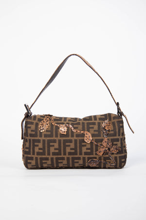 RARE Vintage Fendi Zucca Beaded Snakeskin Baguette Shoulder Bag