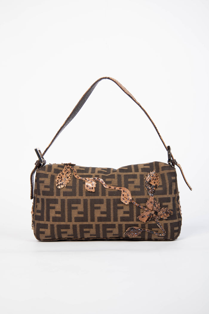 RARE Vintage Fendi Zucca Beaded Snakeskin Baguette Shoulder Bag