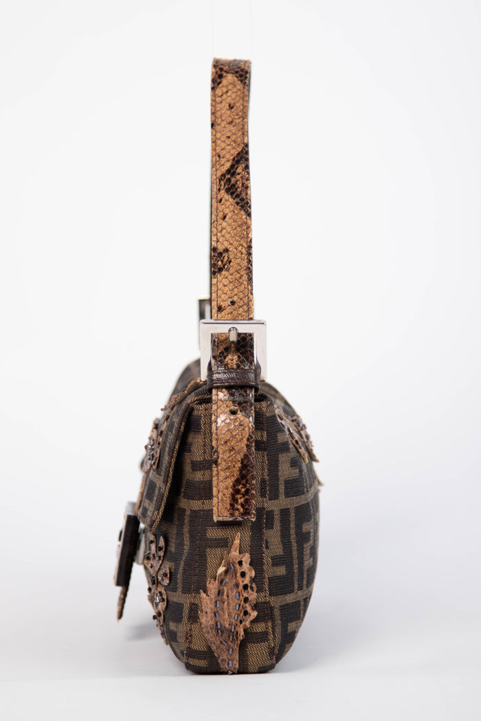 RARE Vintage Fendi Zucca Beaded Snakeskin Baguette Shoulder Bag
