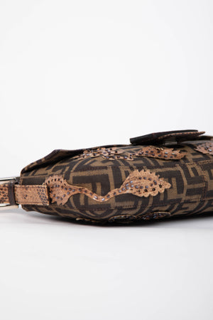 RARE Vintage Fendi Zucca Beaded Snakeskin Baguette Shoulder Bag