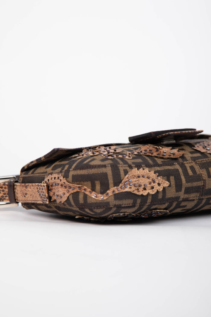 RARE Vintage Fendi Zucca Beaded Snakeskin Baguette Shoulder Bag