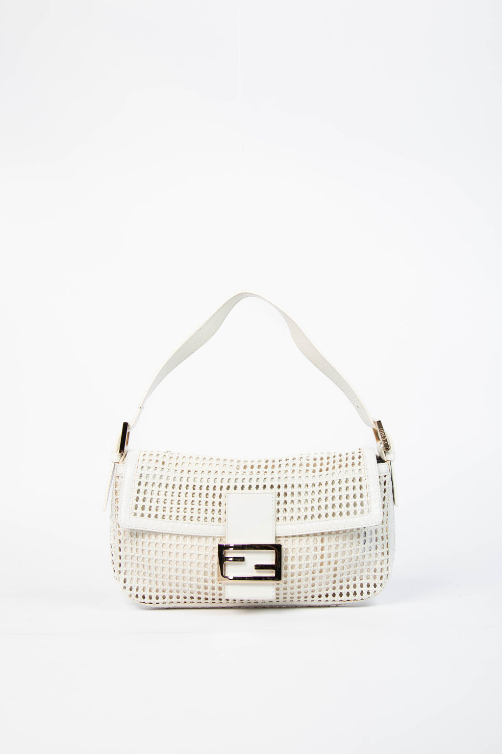 Vintage Fendi White Woven Leather Baguette Shoulder Bag