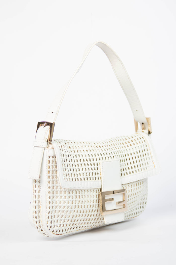Vintage Fendi White Woven Leather Baguette Shoulder Bag