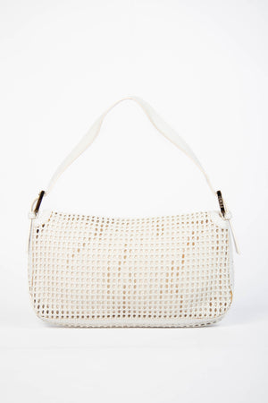 Vintage Fendi White Woven Leather Baguette Shoulder Bag