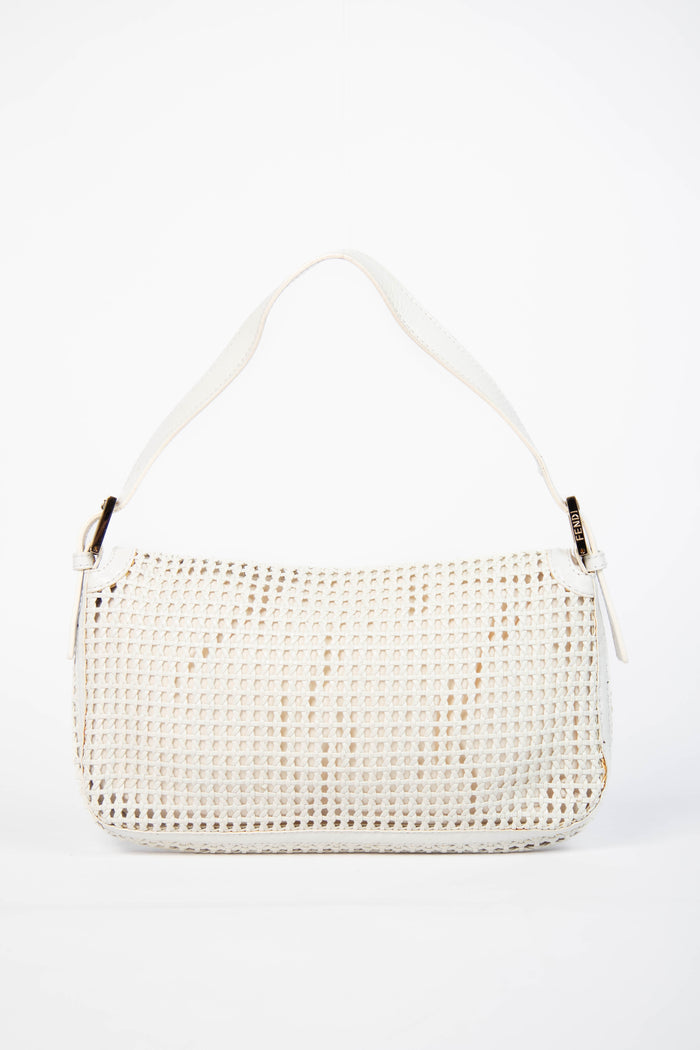 Vintage Fendi White Woven Leather Baguette Shoulder Bag