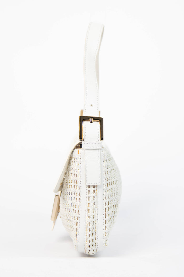 Vintage Fendi White Woven Leather Baguette Shoulder Bag