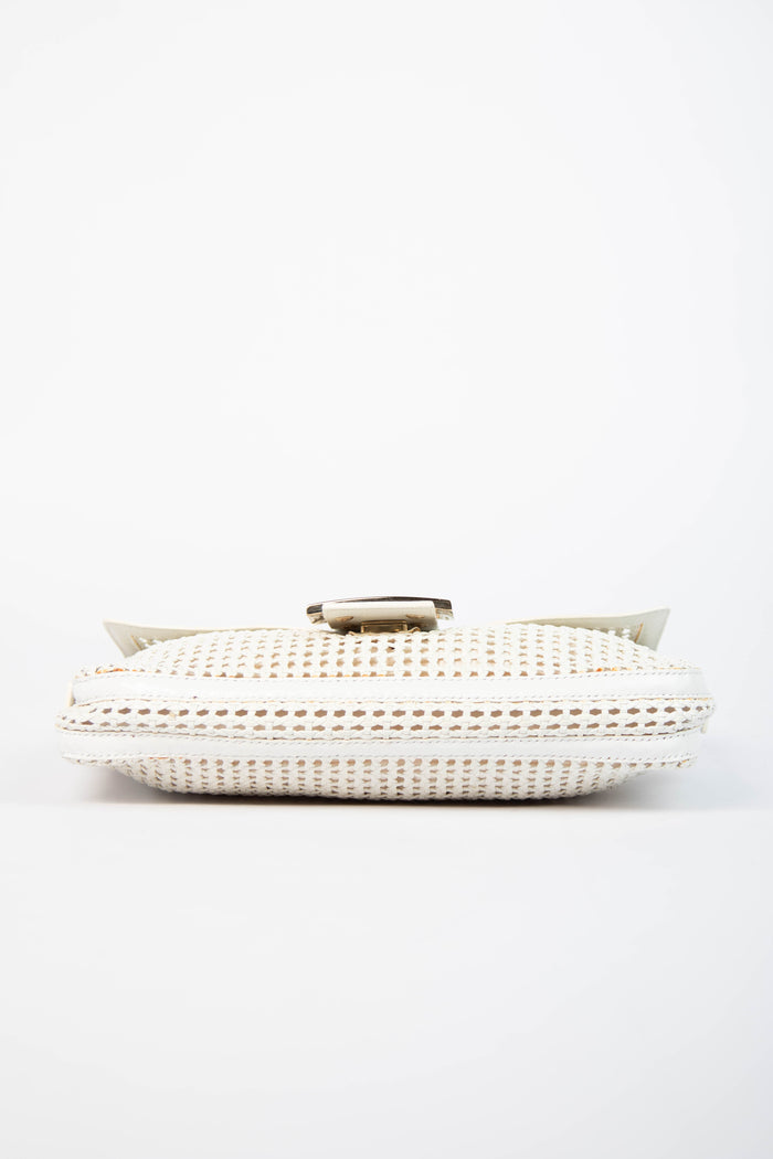 Vintage Fendi White Woven Leather Baguette Shoulder Bag