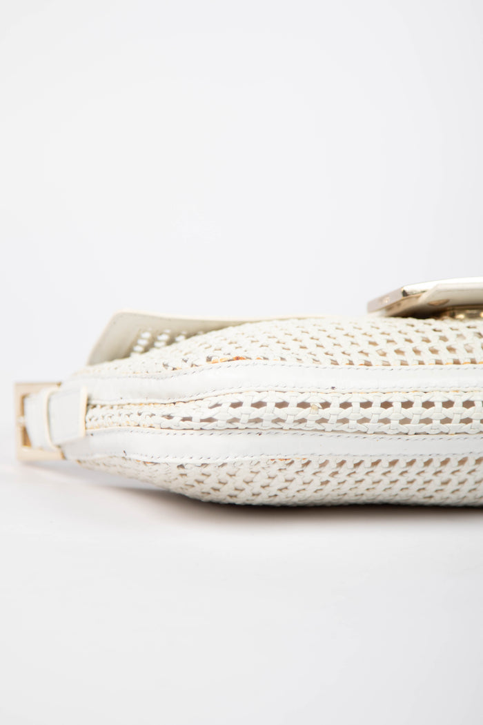 Vintage Fendi White Woven Leather Baguette Shoulder Bag