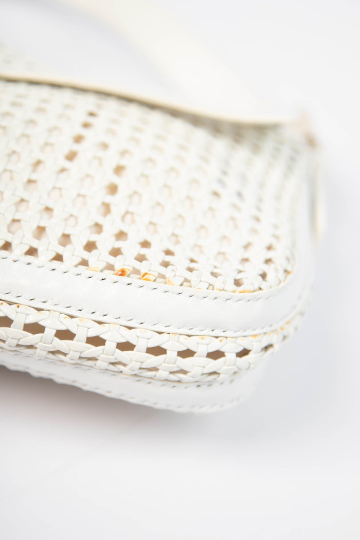 Vintage Fendi White Woven Leather Baguette Shoulder Bag