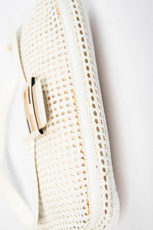 Vintage Fendi White Woven Leather Baguette Shoulder Bag