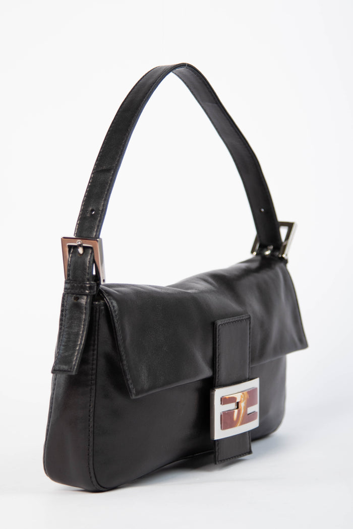Vintage Fendi Black Lambskin Leather Baguette Bag