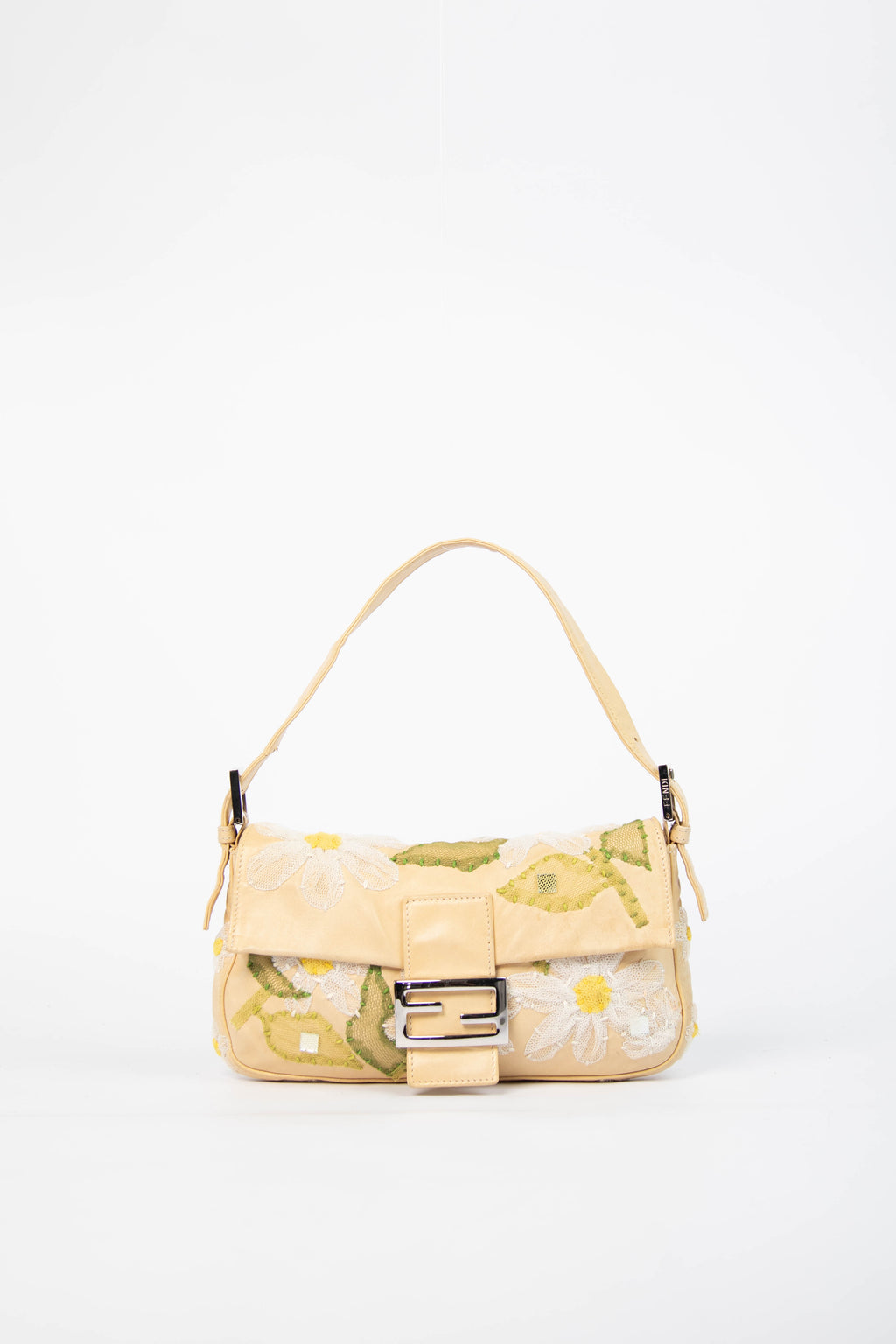 Vintage Fendi Cream Lambskin Baguette with Mesh Flower Appliqué