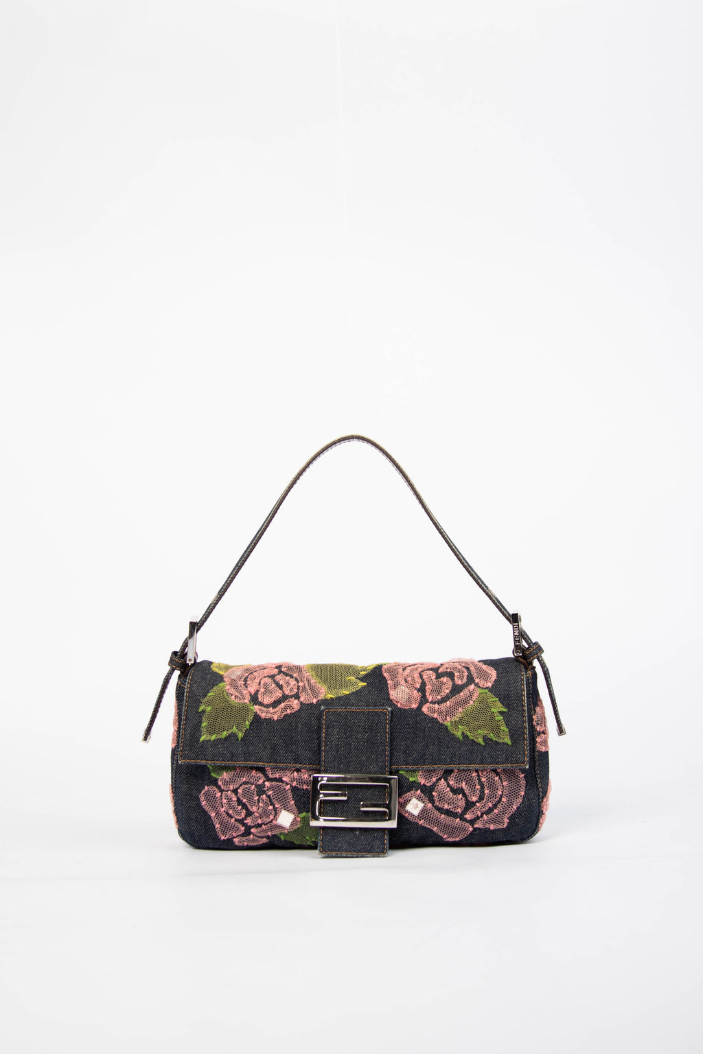Vintage Fendi Denim Baguette with Mesh Rose Appliqué