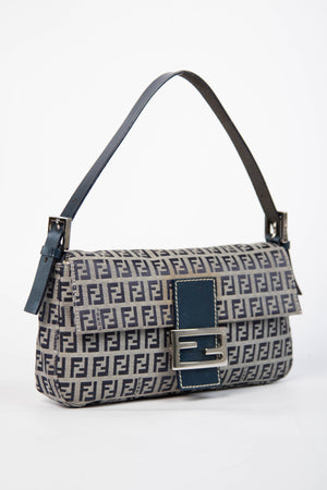 Vintage Fendi Navy Zucchino Baguette Shoulder Bag