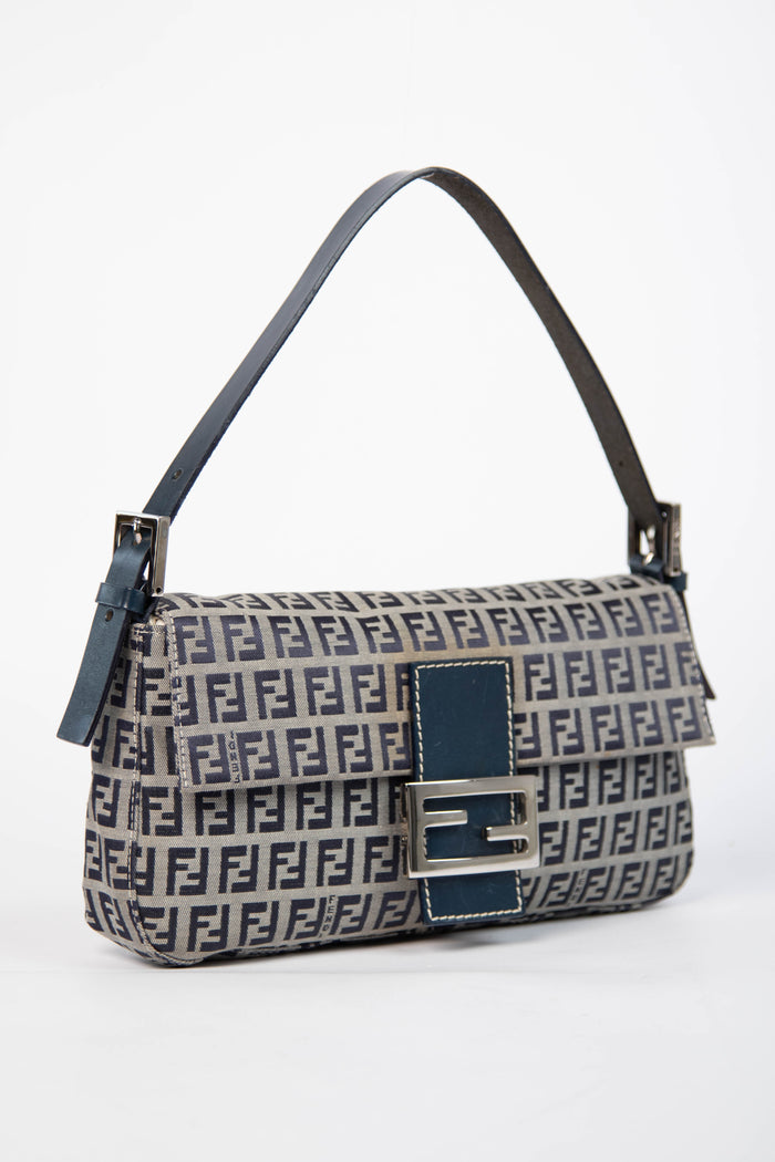 Vintage Fendi Navy Zucchino Baguette Shoulder Bag