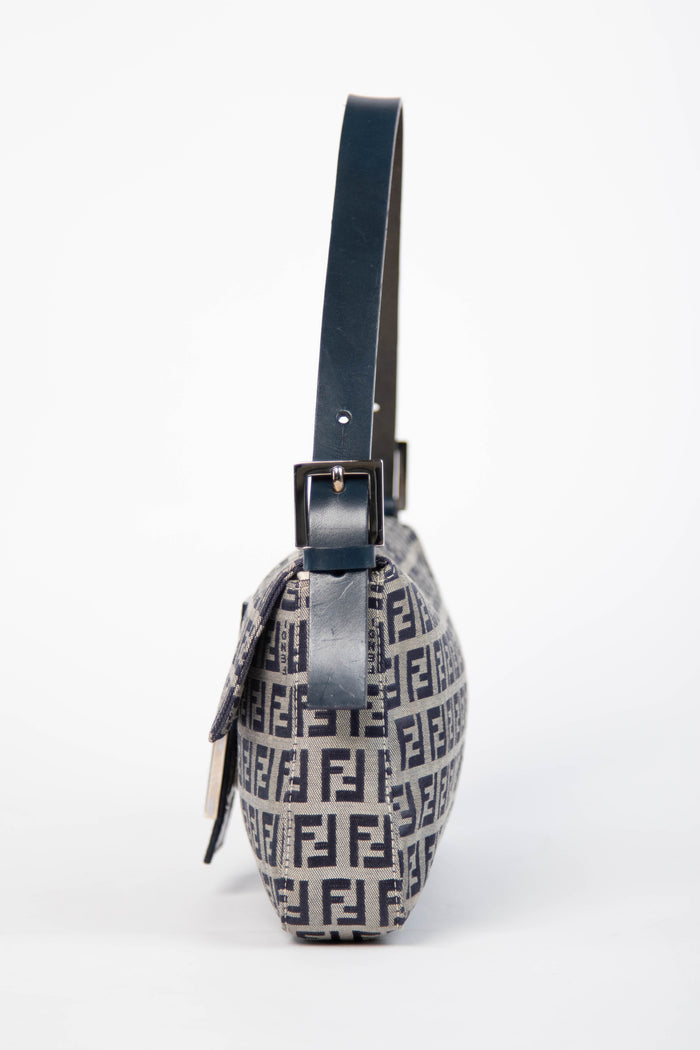 Vintage Fendi Navy Zucchino Baguette Shoulder Bag