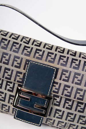 Vintage Fendi Navy Zucchino Baguette Shoulder Bag