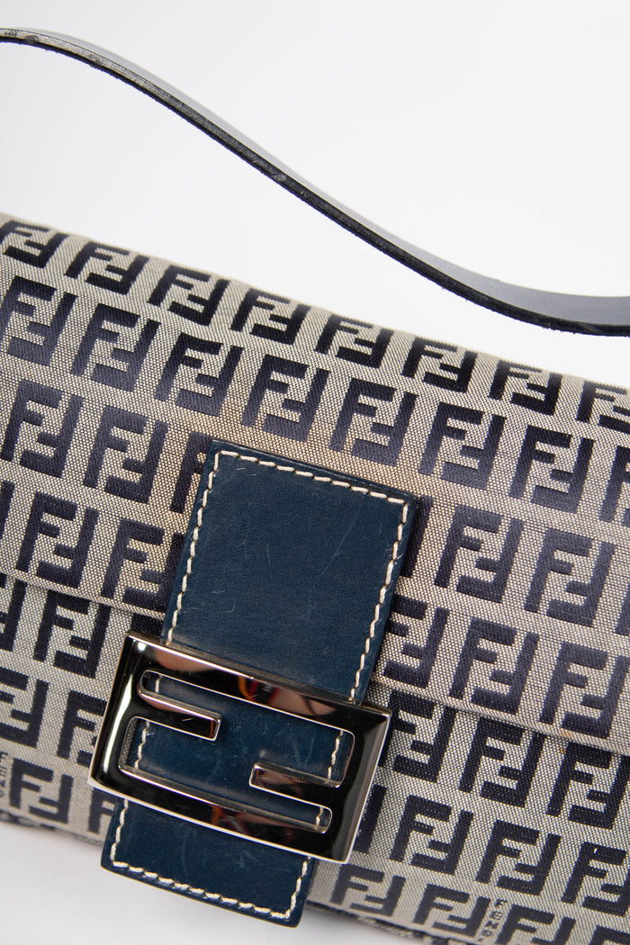 Vintage Fendi Navy Zucchino Baguette Shoulder Bag