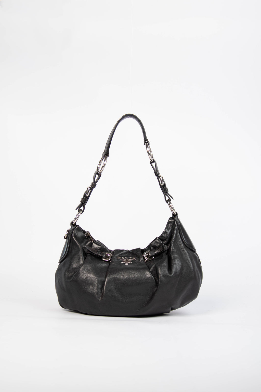 Vintage Prada Black Leather Buckle Hobo Bag