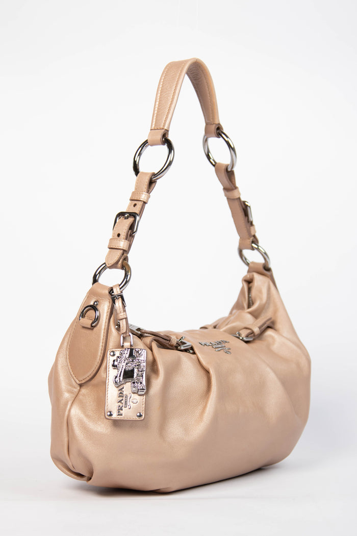 Vintage Prada Taupe Leather Buckle Hobo Bag