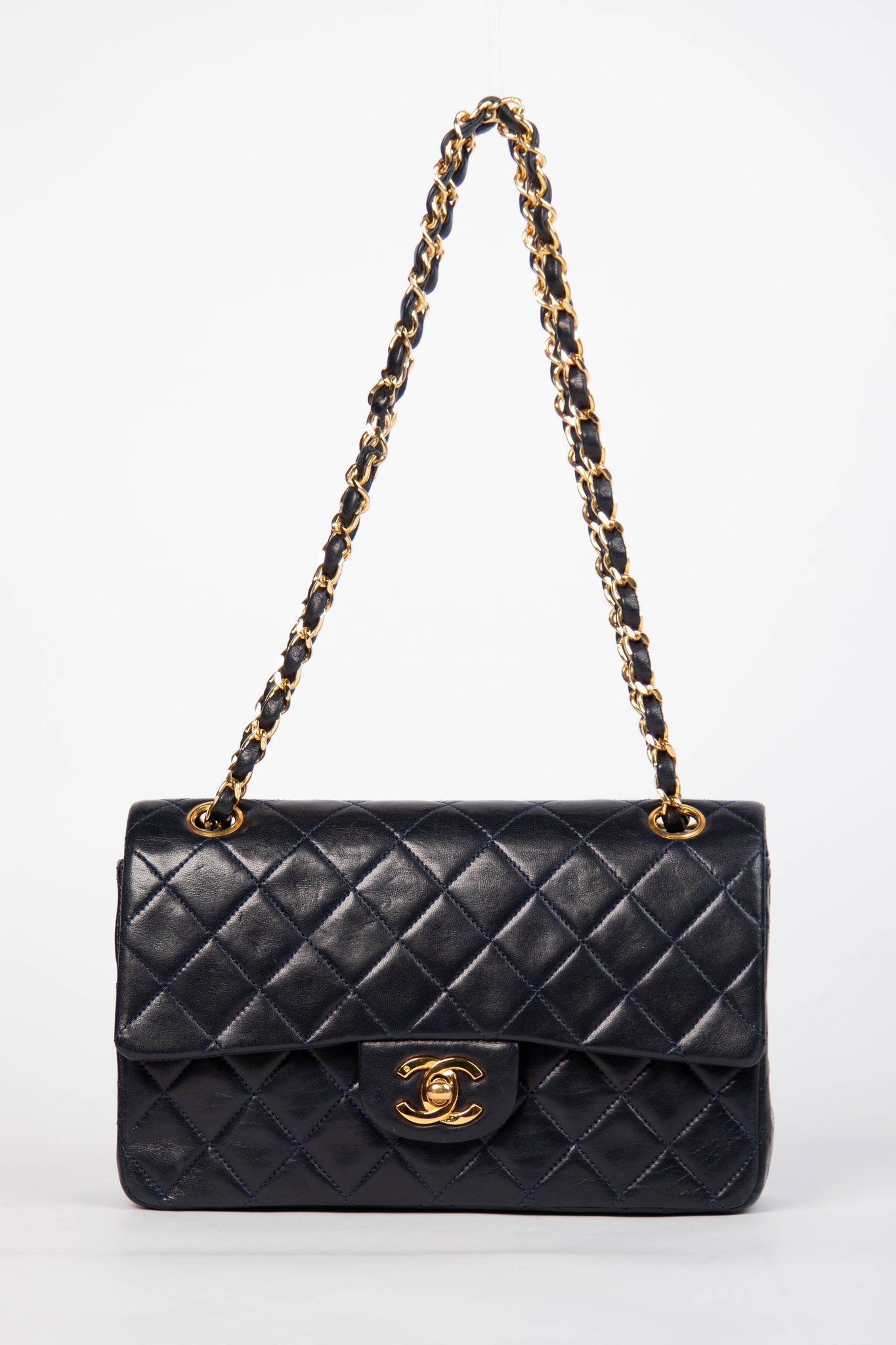 90s Chanel Navy Lambskin Small Double Flap Shoulder Bag 24k GHW