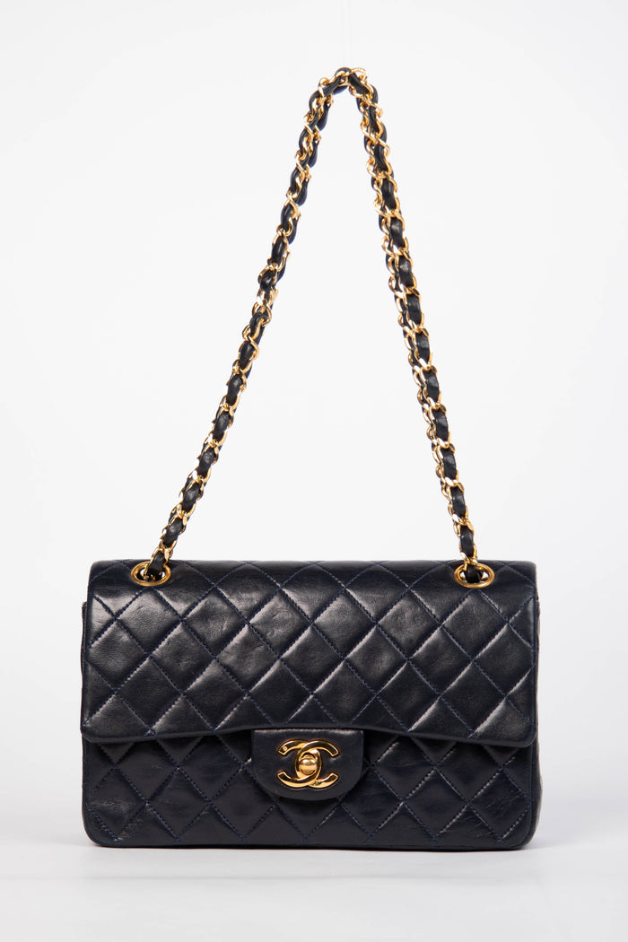 90s Chanel Navy Lambskin Small Double Flap Shoulder Bag 24k GHW