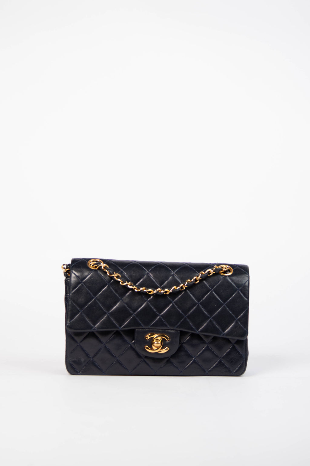 90s Chanel Navy Lambskin Small Double Flap Shoulder Bag 24k GHW