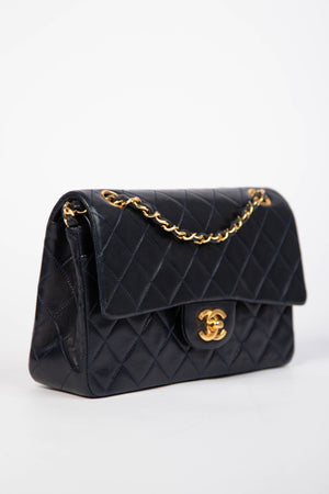 90s Chanel Navy Lambskin Small Double Flap Shoulder Bag 24k GHW