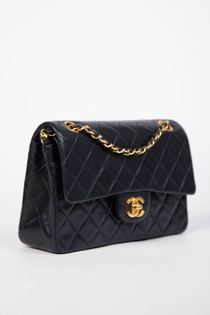 90s Chanel Navy Lambskin Small Double Flap Shoulder Bag 24k GHW