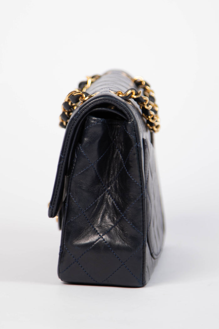 90s Chanel Navy Lambskin Small Double Flap Shoulder Bag 24k GHW