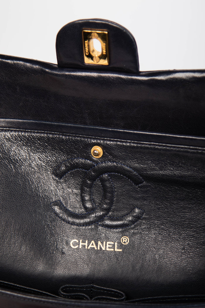 90s Chanel Navy Lambskin Small Double Flap Shoulder Bag 24k GHW