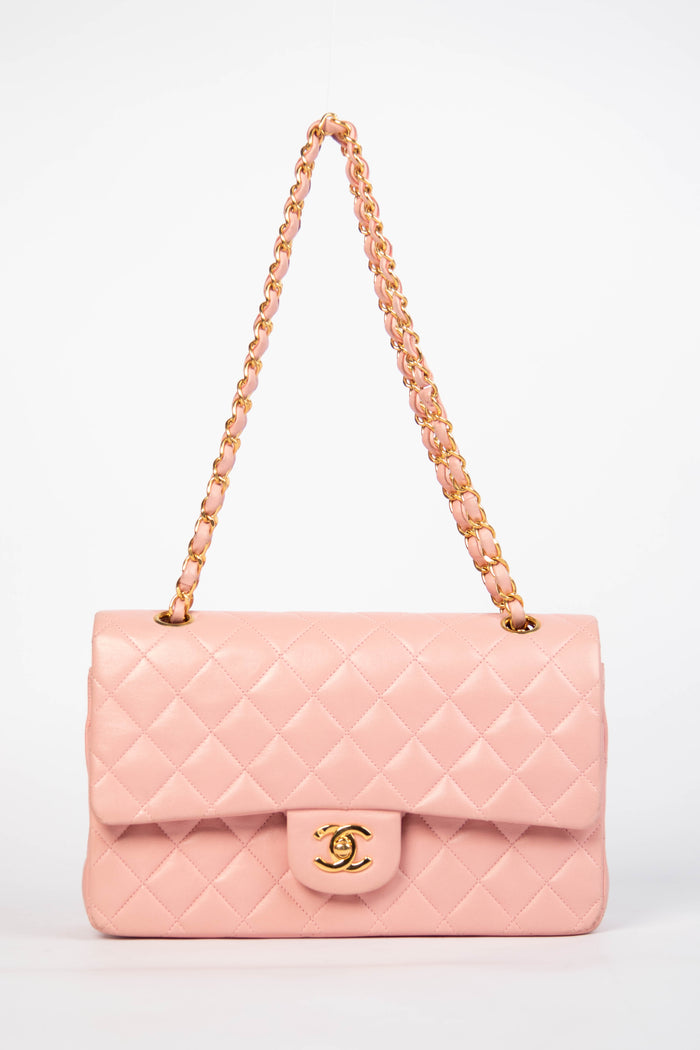 90s Chanel Baby Pink Lambskin Medium Double Flap Shoulder Bag 24k GHW