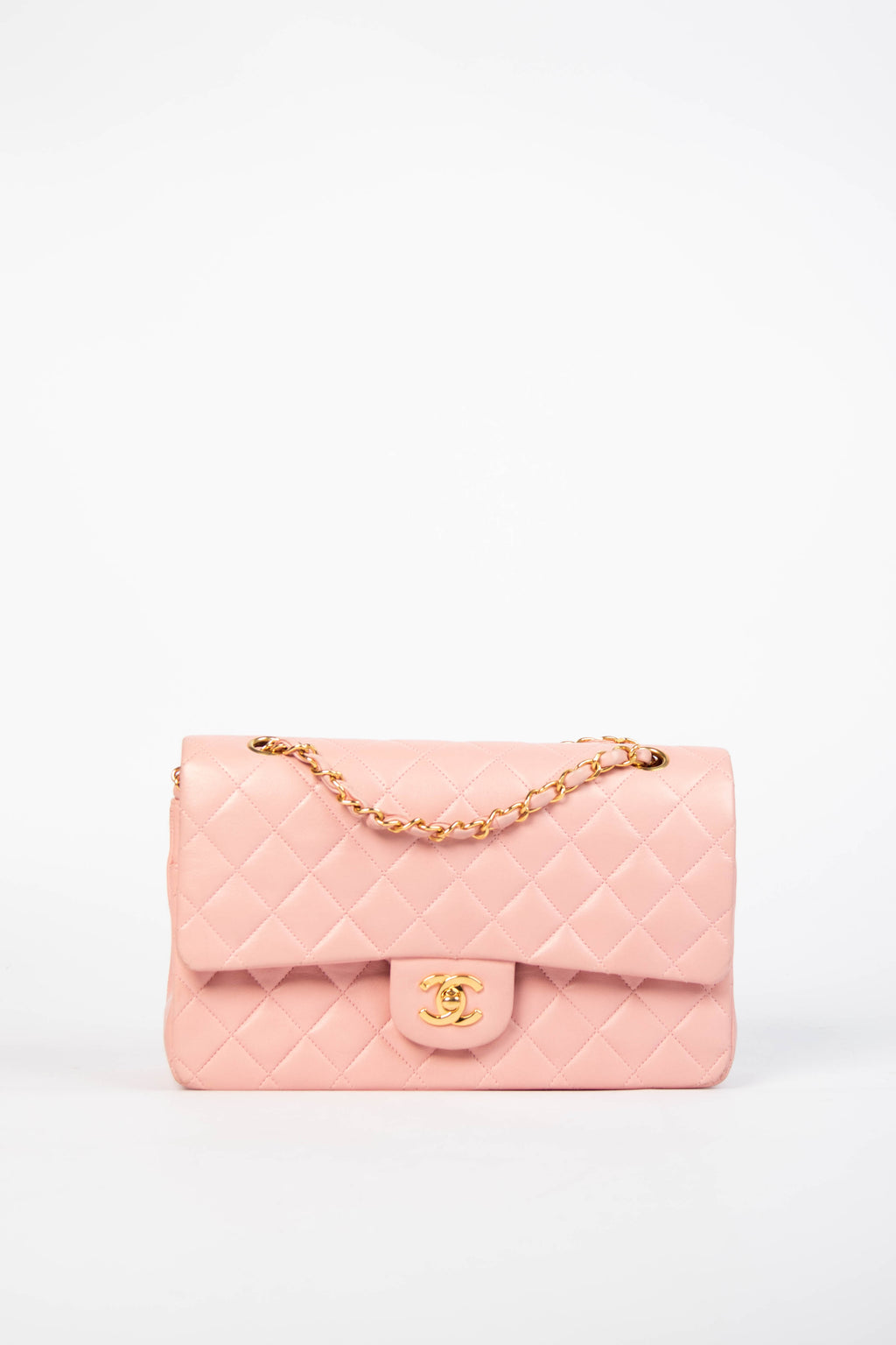 90s Chanel Baby Pink Lambskin Medium Double Flap Shoulder Bag 24k GHW