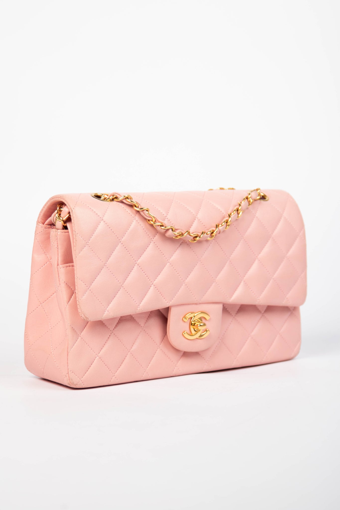 90s Chanel Baby Pink Lambskin Medium Double Flap Shoulder Bag 24k GHW