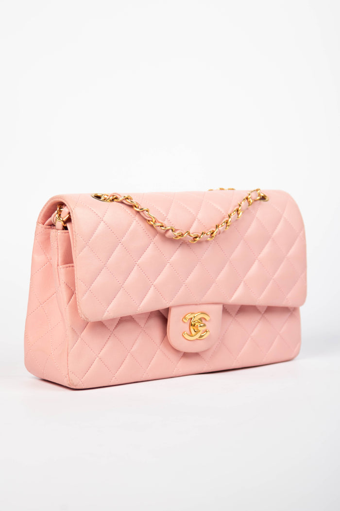 90s Chanel Baby Pink Lambskin Medium Double Flap Shoulder Bag 24k GHW