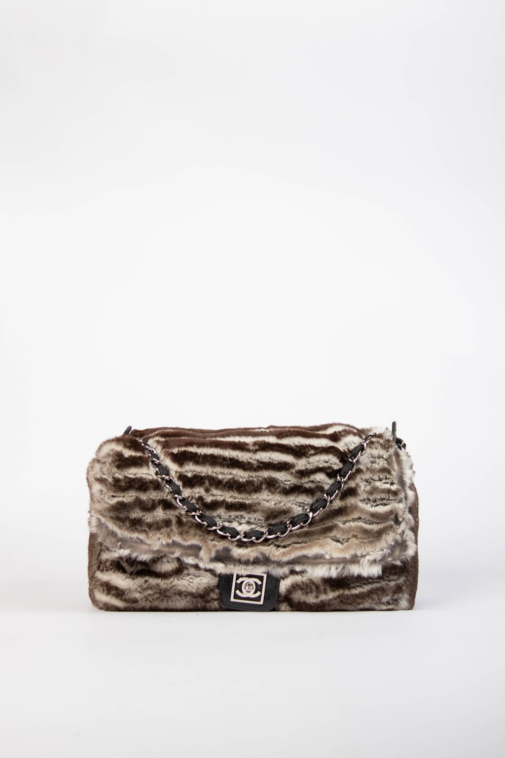 RARE Chanel White and Grey Fur Jumbo Single Flap Bag
