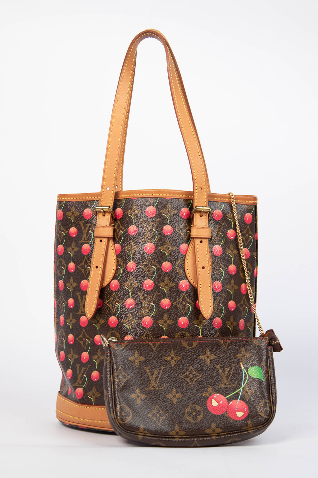 SUPER RARE Louis Vuitton x Takashi Murakami Cherry Bucket Bag with Mini Cherry Pochette