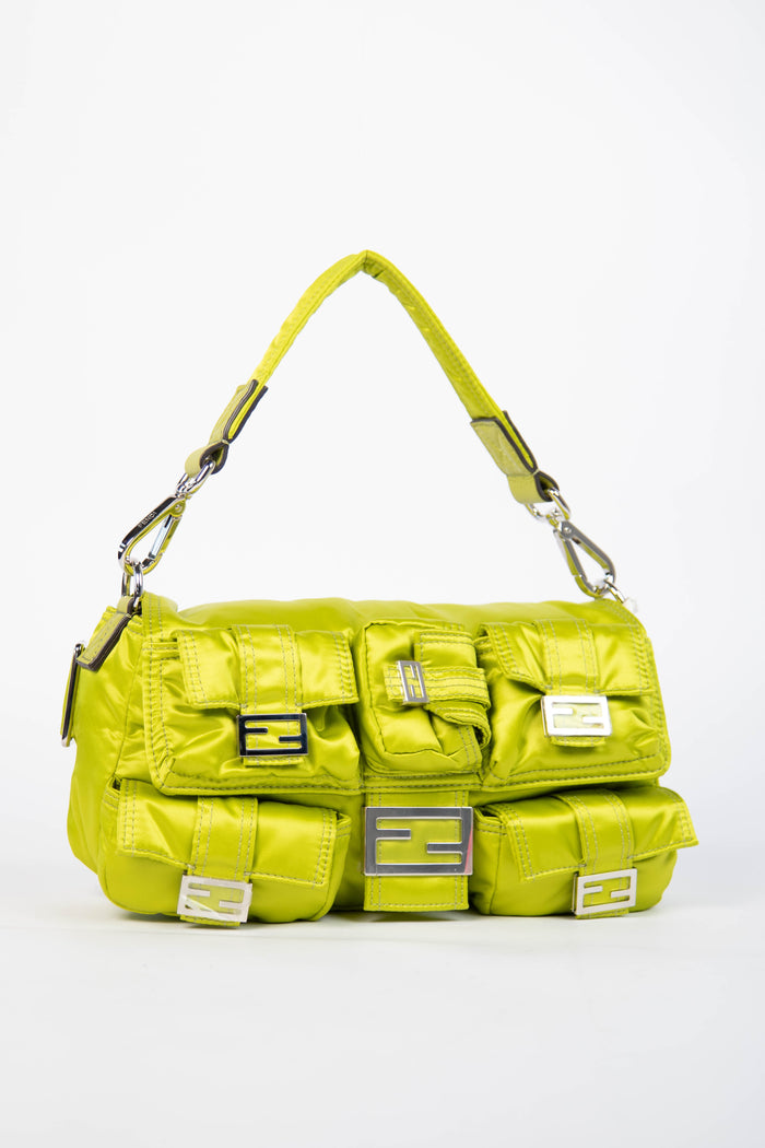 Fendi Neon Green Silk Multipocket Baguette Bag