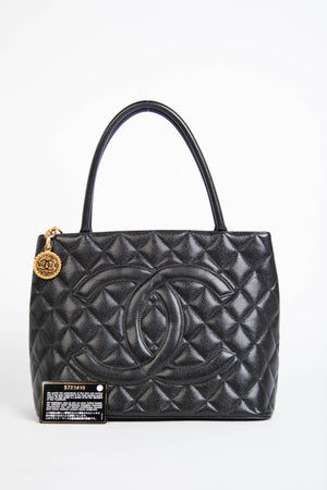 90s Chanel Black Caviar Gold Medallion Tote Bag
