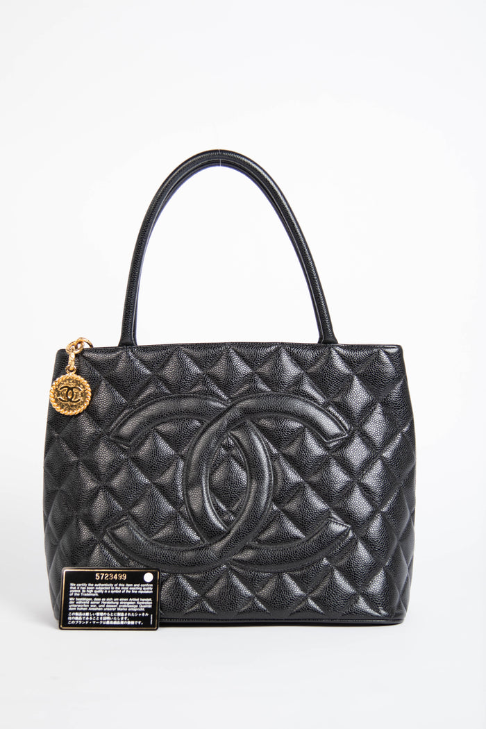 90s Chanel Black Caviar Gold Medallion Tote Bag