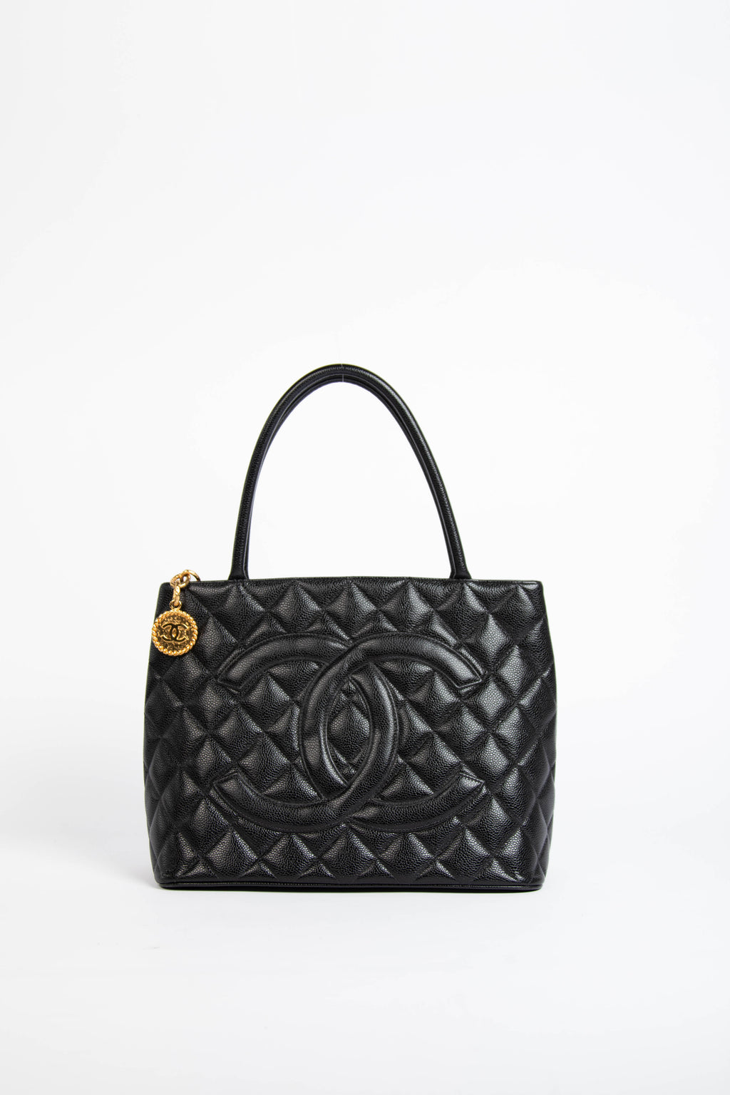 90s Chanel Black Caviar Gold Medallion Tote Bag