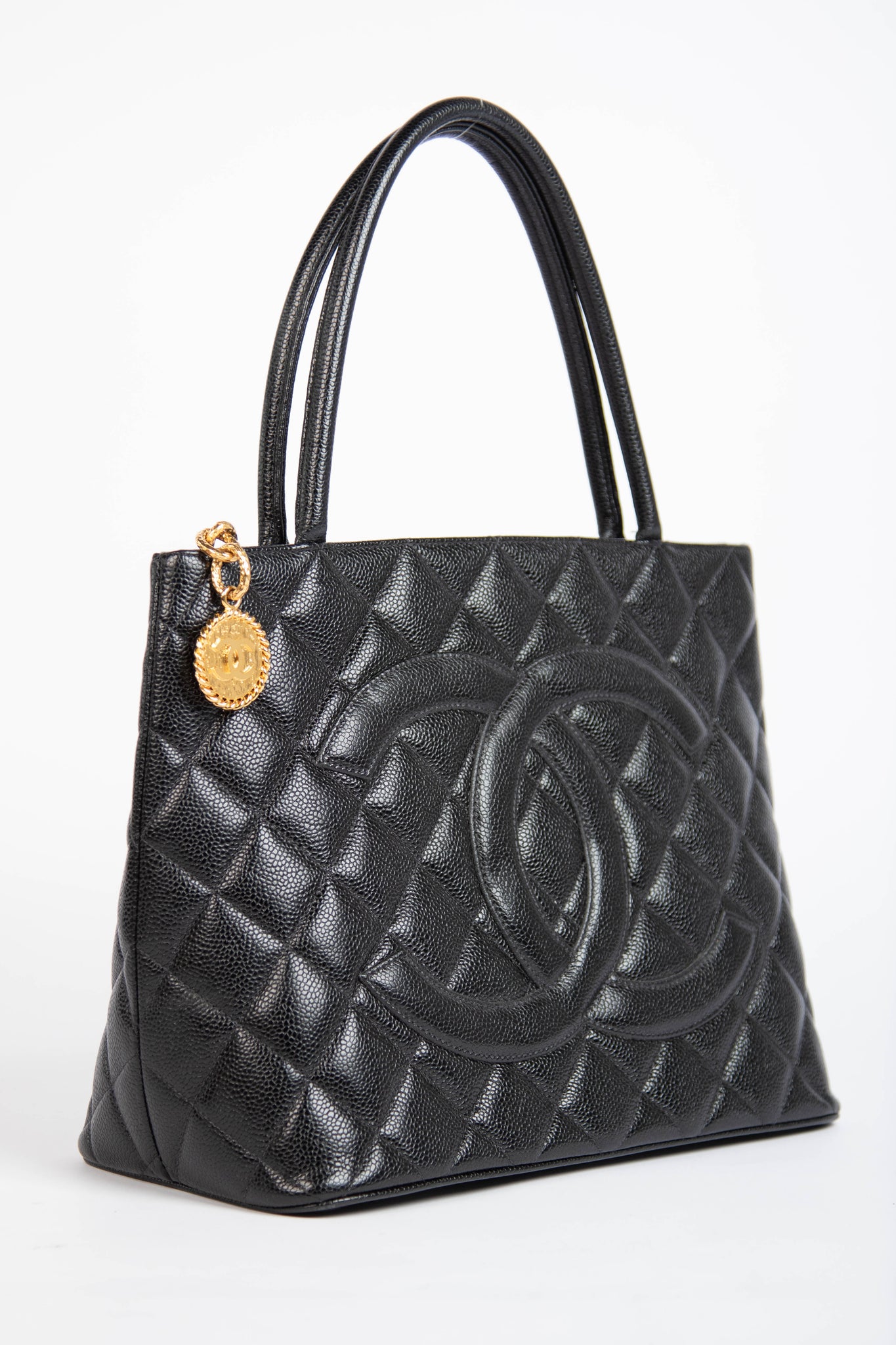 90s Chanel Black Caviar Gold Medallion Tote Bag