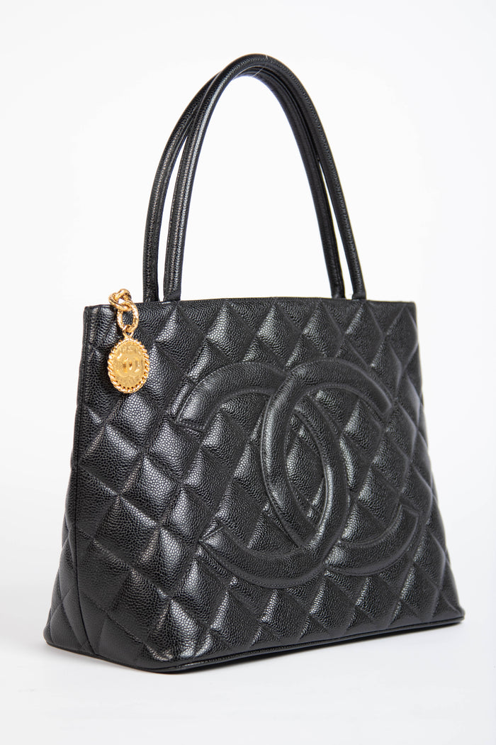 90s Chanel Black Caviar Gold Medallion Tote Bag